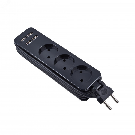 Удлинитель серии Travel шнур 1,8м 3 гнездa 10A без зазамления 4USB 3,1A черный ТМ S-CT3-1,8U BLACK
