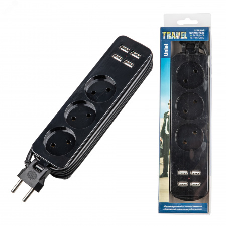 Удлинитель серии Travel шнур 1,8м 3 гнездa 10A без зазамления 4USB 3,1A черный ТМ S-CT3-1,8U BLACK