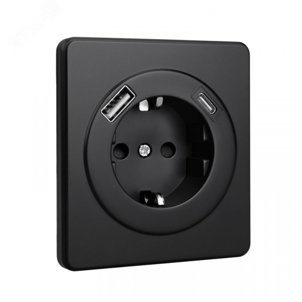 Розетка ROUND одинарная с/з скрытой установки з/ш 16А с USB A+C быстрой зарядки 5В/3А механизм оникс
