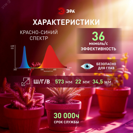 Светильник для растений, фитолампа светодиодная линейная FITO-18W-PL-LINE 573-GR красно-синего спектра 18 Вт Т5