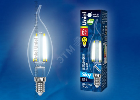 Лампа светодиодная LED 6вт 200-250В свеча на ветру прозрачное 500Лм Е14 4000К Sky филамент