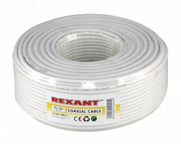 Кабель коаксиальный 3С-2V, 75 Ом, CCS/Al/Al, 48%, бухта 100 м, белый, REXANT