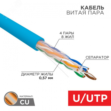 Витая пара U/UTP 4PR 23AWG CAT6 SOLID PVC IN синий 305 м