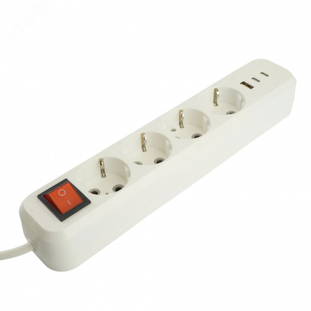 Удлинитель 4-местный с/з с выключателем 3x1 мм 2.2 м 250 В 16 А 1 USB+2 C 2.4 A белый HM071-41-02