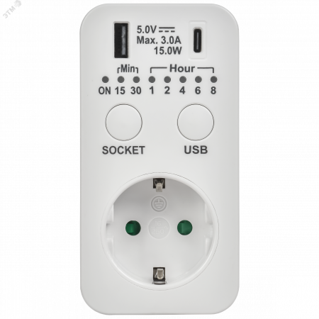 РТЭ-4 Розетка-таймер электронный с USB A+C        15мин-8ч 16А IP20 белый IEK