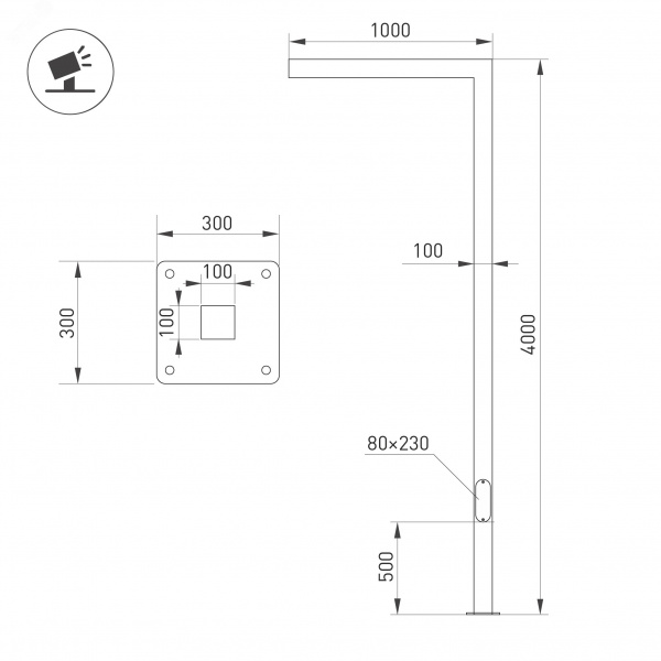 Опора освещения со светильником светодиодным OXOR-STER-G-1000x100x100-L4000-52W Warm3000 BK, 230V IP65 ARL, сталь