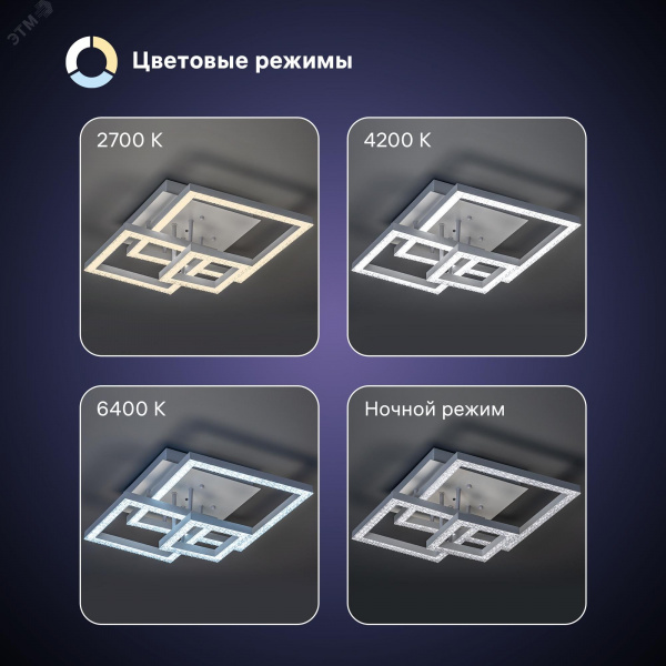 Люстра потолочная светодиодная диммируемая, SERENITA, с ДУ, 3 режима, 405х405х170мм, 108Вт, 2700К/4200К/6400К, 33м, белый