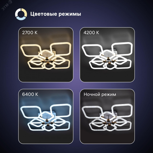 Люстра потолочная светодиодная диммируемая, OTTIMO, Алиса, с ДУ, 3 режима, 610х610х130мм, 198Вт, 2700K/4200K/6400K, 89м, белый/золото