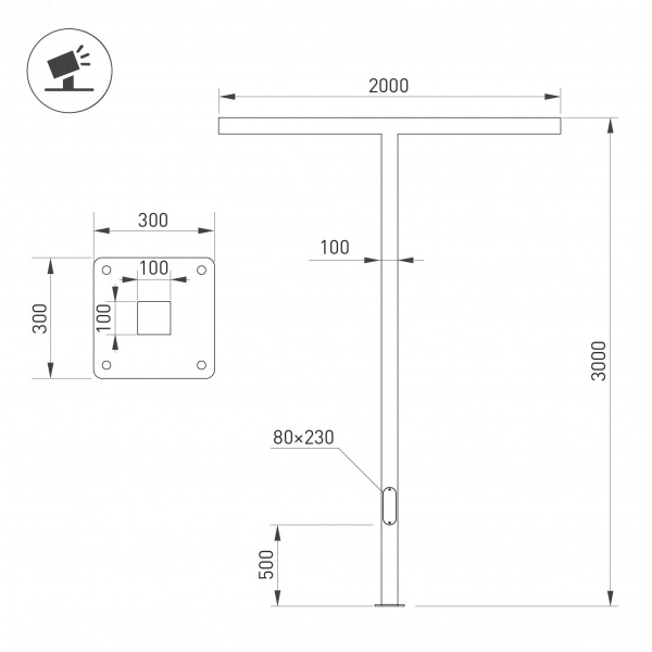 Опора освещения со светильником светодиодным OXOR-STER-T-2000x100x100-L3000-100W Warm3000 BK, 230V IP65 ARL, сталь