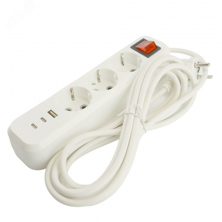 Удлинитель 3-местный с/з с выключателем 3x1 мм 2.5м 250 В 16 А 1 USB+2 C 2.4 A белый HM071-31-05