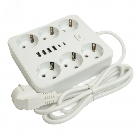 Удлинитель 6-местный c/з 3x1 мм2 1.8м 250В 10А 4USB+2Type-C 2.4А Home plus белый