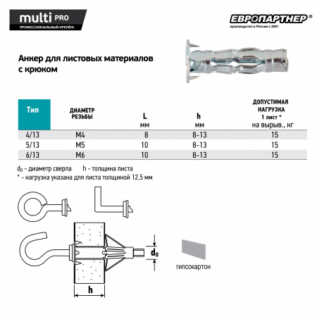 Анкер для листовых материалов с L-обр. крюком MULTI PRO оцинкованный 4/13 мм (2 шт.)