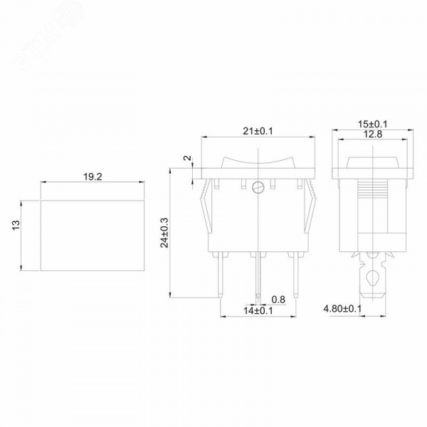 Выключатель клавишный 250V 6А (3c) ON-OFF-ON черный с нейтралью Mini