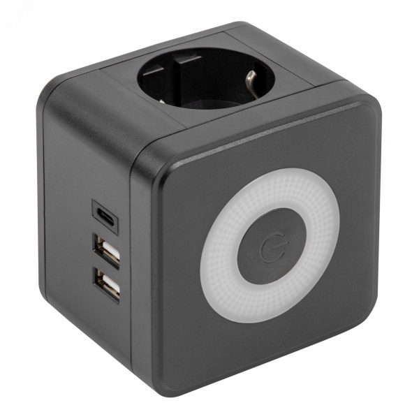 Разветвитель сетевой с выключателем с заземлением 2 гнезда 2USB+1TYPE C 16А 3500Вт Черный ТМ S-GES2-16SBUC BLACK