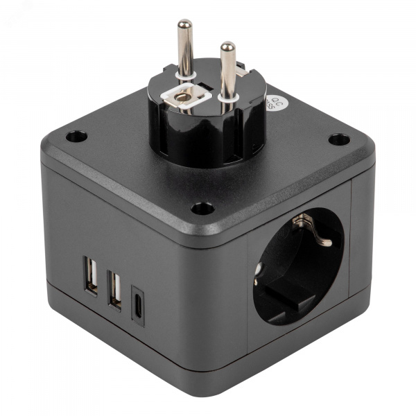 Разветвитель сетевой с выключателем с заземлением 2 гнезда 2USB+1TYPE C 16А 3500Вт Черный ТМ S-GES2-16SBUC BLACK