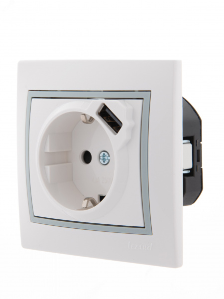 Розетка Мира с/з 16A с USB 2.1A скрытой установки белая с серой вставкой