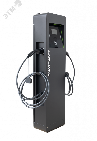 Зарядная станция для электромобиля SMARTWATT EVC, 44 кВт, коммерческая OCPP 1.6J, переменный ток, 3 фазы 380 В, два поста по 22 кВт 32 А, кабели по 5 метров, коннекторы Type2, IP54, черная стойка
