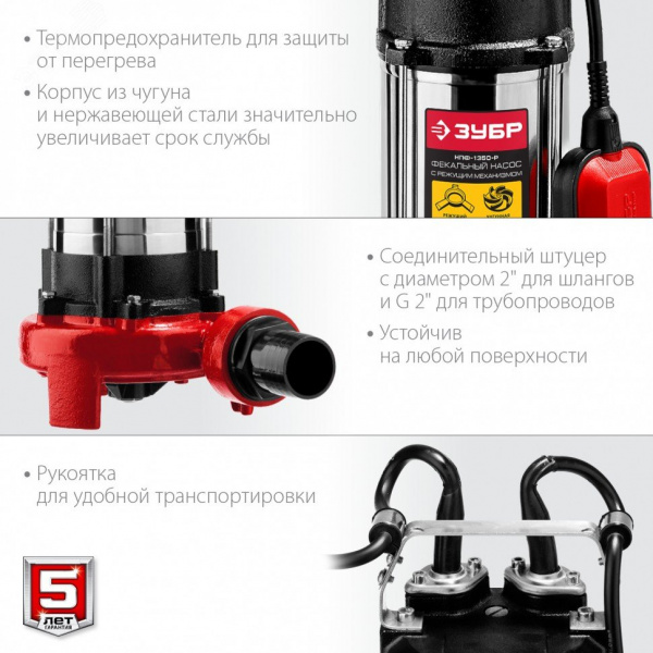 Насос фекальный с режущим механизмом НПФ-1350-Р ЗУБР, 1350 Вт