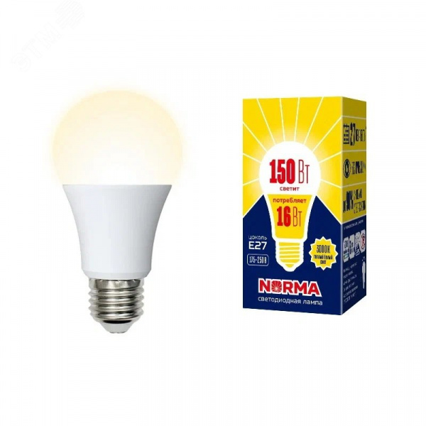Лампа светодиодная LED-A60-16W/WW/E27/FR/NR Форма A, матовая, Norma, теплый белый свет (3000K), картон, ТМ Volpe