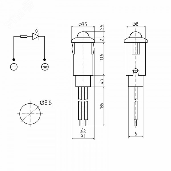 Индикатор 8 12В с проводом красный LED