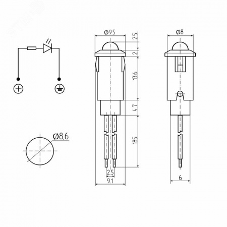Индикатор 8 12В с проводом красный LED