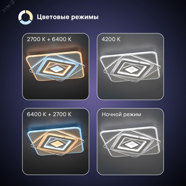 Люстра потолочная светодиодная диммируемая, BRIENNO, с ДУ, 3 режима, 520х520х50мм, 100Вт, 2700+6400K/4200K/6400+2700K, 35м, белый
