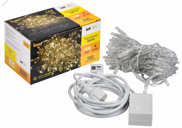 LIGHTING Гирлянда нить 10м 100 светодиодов теплый белый свет IP44 прозрачный шнур 3м 230В контроллер 8 сцен IEK
