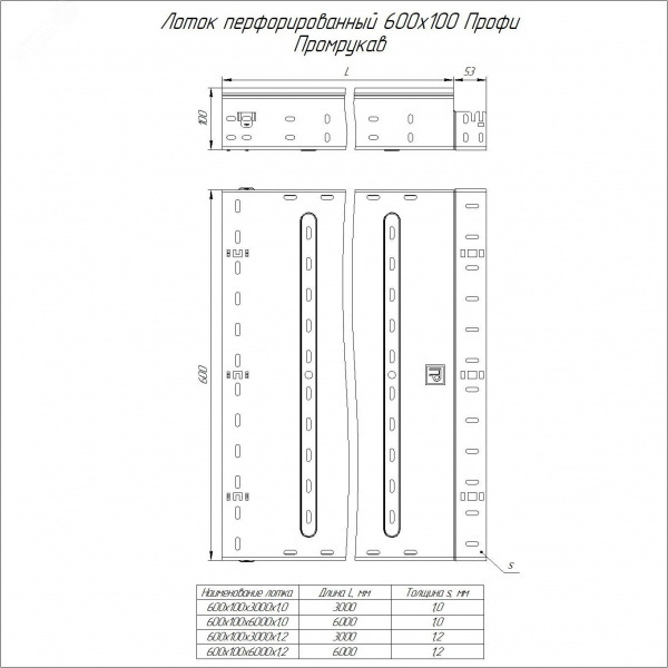 Лоток перфорированный Профи INOX (AISI 316) 600х100x6000 (1,0 мм) (12 м/уп)