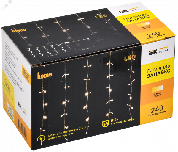 LIGHTING Гирлянда занавес 2х2м 240 светодиодов теплый белый свет IP44 прозрачный шнур 3м 230В транзит IEK