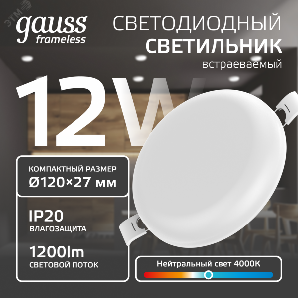 Светильник светодиодный ДВО 12 Вт 1200 лм 4000К AC 220В IP20 круг D120х27мм монт d106мм Пластик безрамочный Frameless Gauss