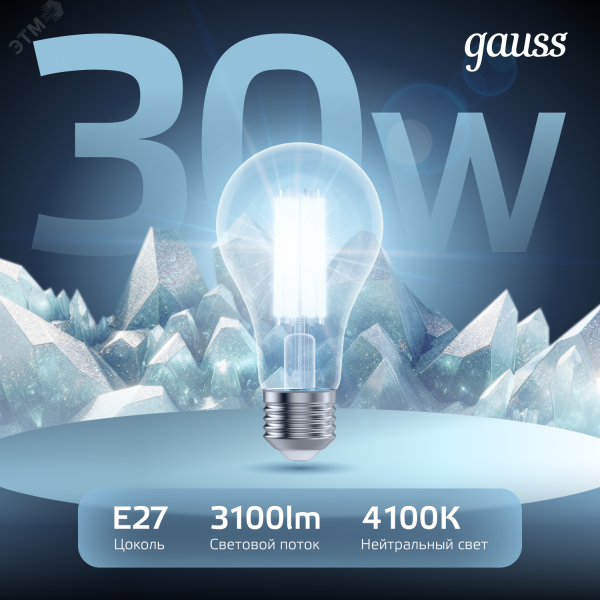 Лампа светодиодная филаментная LED 30 Вт 3100 лм 4100К А70 груша нейтральный E27 AC 220В прозрачная колба Black Filament Gauss