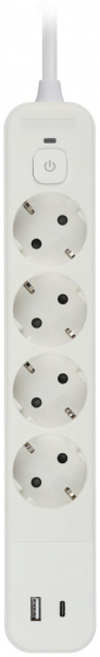 Сетевой фильтр USF-4es-1,5m-2xUSBAC-W с базовой защитой с заземлением с выключателем 4 розетки+2xUSBA+C2,4A 1,5м 10А
