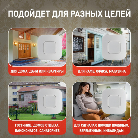Звонок дверной беспроводной на батарейках 6 мелодий 100м IP44 с регулятором громкости белый 2АА/СR2032 90666