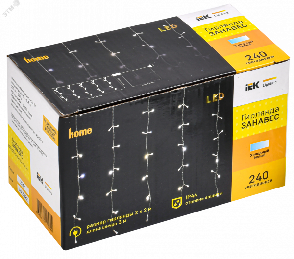LIGHTING Гирлянда занавес 2х2м 240 светодиодов белый свет IP44 прозрачный шнур 3м 230В транзит IEK