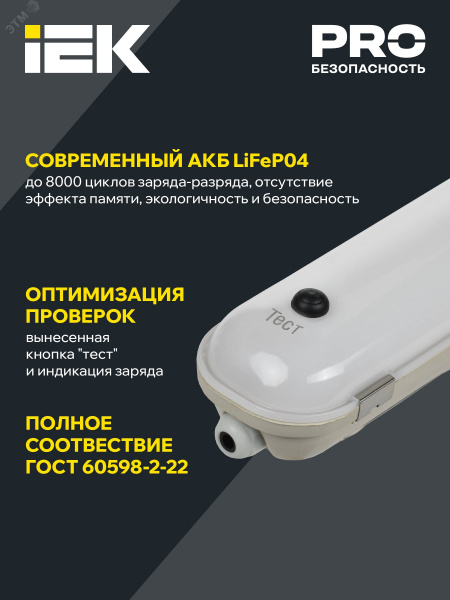 PRO Светильник аварийный промышленный пылевлагозащищенный ДСП 1422А 40Вт 1ч 6500К IP65 1200мм с БАП IEK