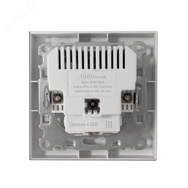 Розетка скрытой установки, с заземлением, c USB Type-A 2,4А+ Type-C 4A серия Афина , 220В, механизм, серебро