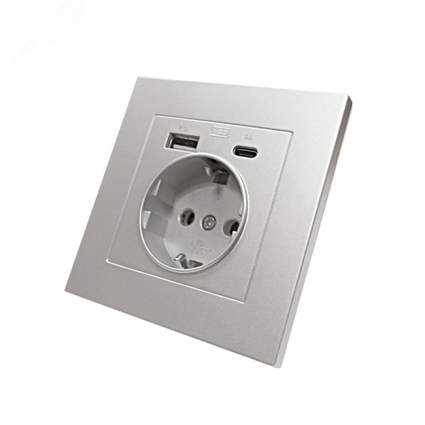 Розетка скрытой установки, с заземлением, c USB Type-A 2,4А+ Type-C 4A серия Афина , 220В, механизм, серебро