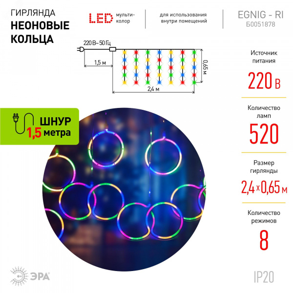 Светодиодная новогодняя гирлянда ЕGNIG - RI занавес Неоновые кольца 8 режимов 2,4*0,65 м мультиколор IP20