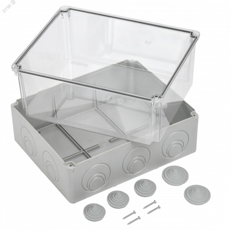 Коробка КМ41278 распаячная для открытой проводки 240х195х165мм IP55 RAL7035 прозрачный красный кабельные вводы