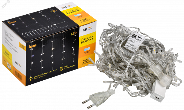 LIGHTING Гирлянда бахрома 4,5х0,7м 200 светодиодов белый свет IP44 прозрачный шнур 3м 230В мерцание транзит IEK